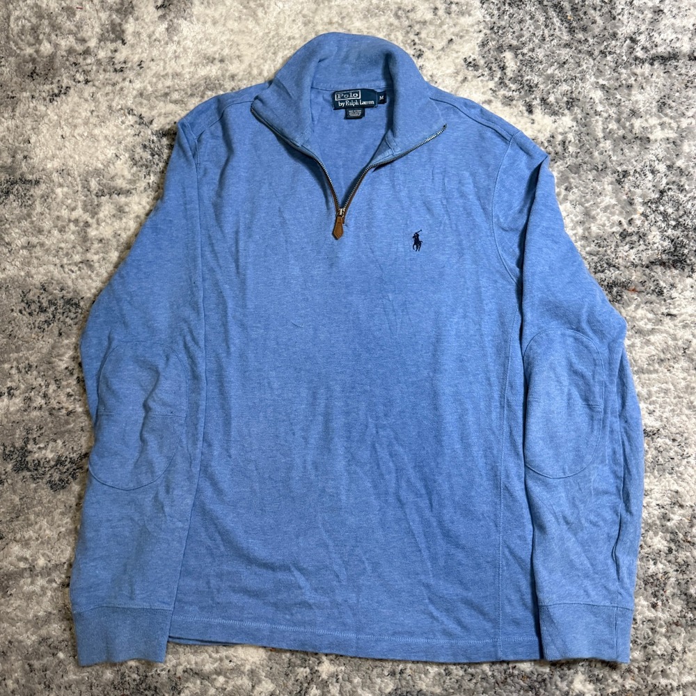 Polo Ralph Lauren Mens Blue Quarter Zip Pullover Cotton Sweater Elbow Patches M